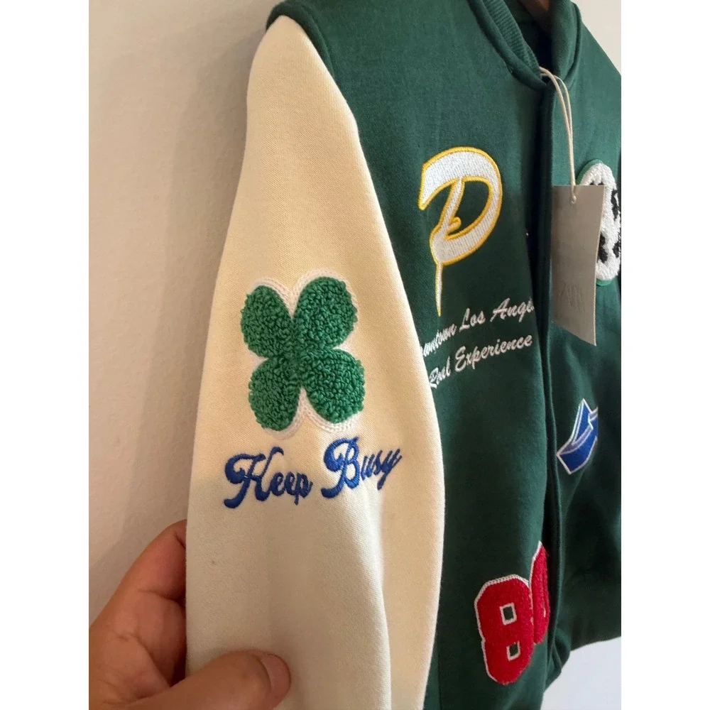 Zara Kids Green Varsity Bomber Jacket Patches 9-10 Years 140cm NWT